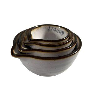 Gallery Set 4 Ceramic Brown Rim Measuring Cups Stackable Farmhouse Nesting